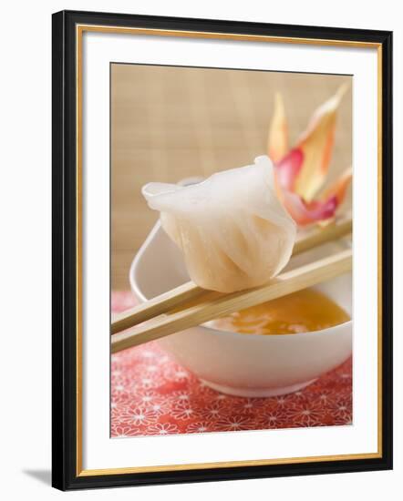 Dim Sum on Chopsticks over Dip (Asia)-null-Framed Photographic Print