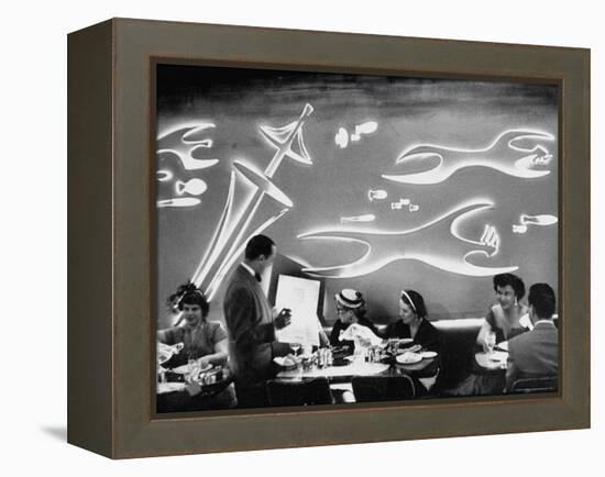 Dimly Lit Wall of the Sea Restaurant, with Customers Reading Their Menus with Flashlights-Wallace Kirkland-Framed Premier Image Canvas