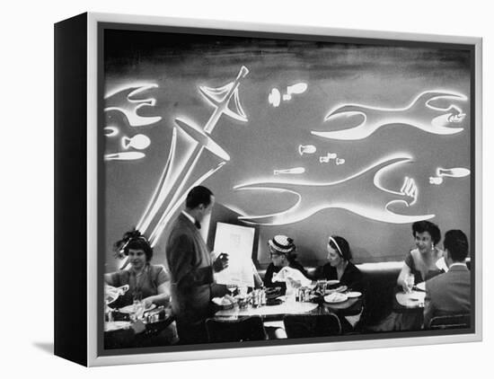 Dimly Lit Wall of the Sea Restaurant, with Customers Reading Their Menus with Flashlights-Wallace Kirkland-Framed Premier Image Canvas