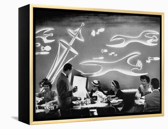 Dimly Lit Wall of the Sea Restaurant, with Customers Reading Their Menus with Flashlights-Wallace Kirkland-Framed Premier Image Canvas