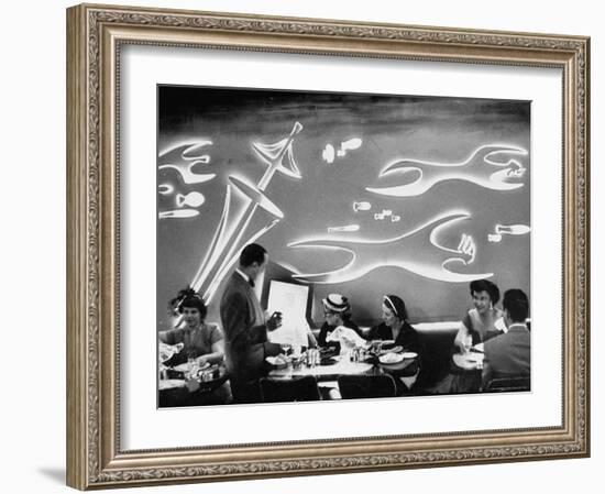 Dimly Lit Wall of the Sea Restaurant, with Customers Reading Their Menus with Flashlights-Wallace Kirkland-Framed Photographic Print