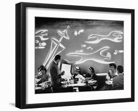 Dimly Lit Wall of the Sea Restaurant, with Customers Reading Their Menus with Flashlights-Wallace Kirkland-Framed Photographic Print