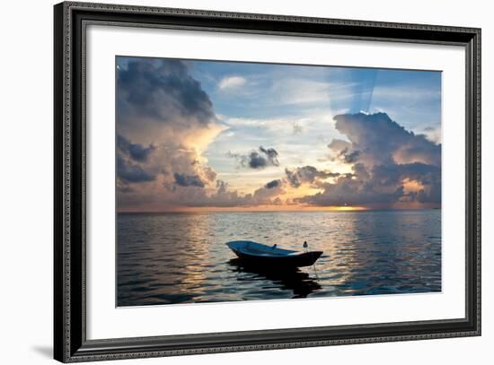 Dinghy Boat in Sea at Sunset, Great Exumand, Bahamas-null-Framed Photographic Print