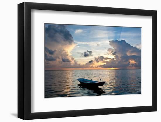 Dinghy Boat in Sea at Sunset, Great Exumand, Bahamas-null-Framed Photographic Print