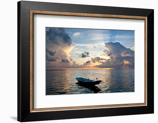 Dinghy Boat in Sea at Sunset, Great Exumand, Bahamas-null-Framed Photographic Print