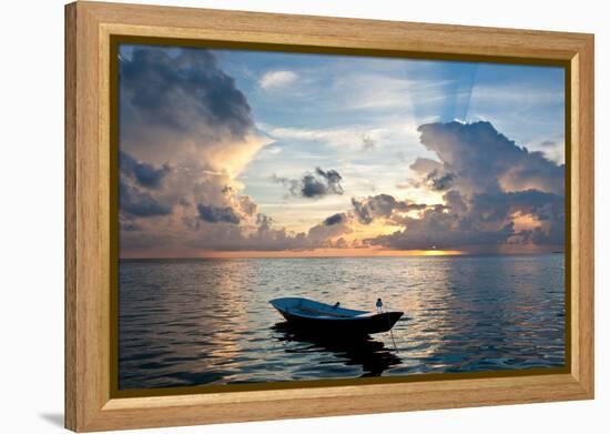 Dinghy Boat in Sea at Sunset, Great Exumand, Bahamas-null-Framed Premier Image Canvas