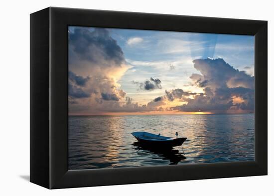 Dinghy Boat in Sea at Sunset, Great Exumand, Bahamas-null-Framed Premier Image Canvas