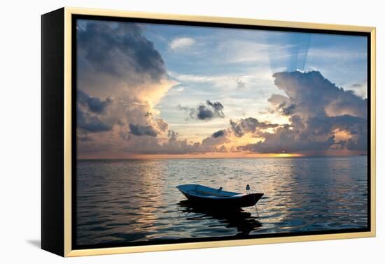 Dinghy Boat in Sea at Sunset, Great Exumand, Bahamas-null-Framed Premier Image Canvas