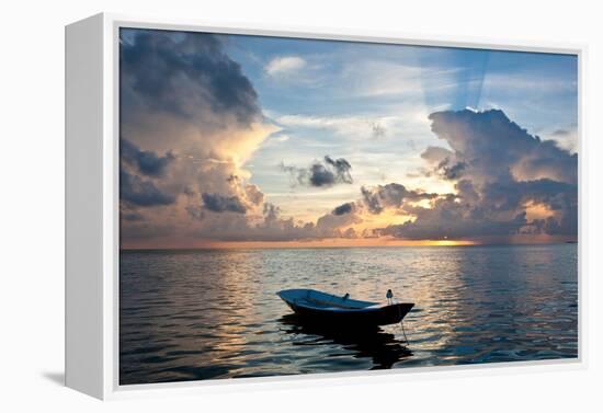 Dinghy Boat in Sea at Sunset, Great Exumand, Bahamas-null-Framed Premier Image Canvas