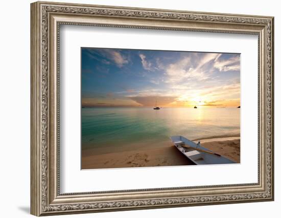 Dinghy Boat on Beach at Sunset, Great Exumand, Bahamas-null-Framed Photographic Print