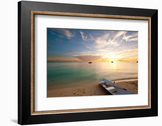 Dinghy Boat on Beach at Sunset, Great Exumand, Bahamas-null-Framed Photographic Print
