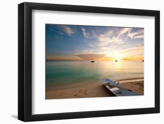 Dinghy Boat on Beach at Sunset, Great Exumand, Bahamas-null-Framed Photographic Print