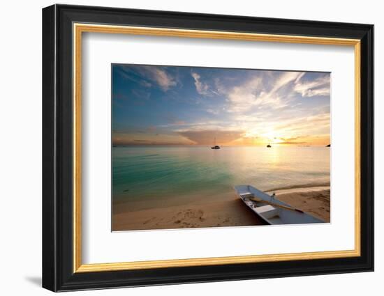 Dinghy Boat on Beach at Sunset, Great Exumand, Bahamas-null-Framed Photographic Print