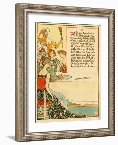 Dining With The Jester Holding A Broom-Walter Crane-Framed Art Print