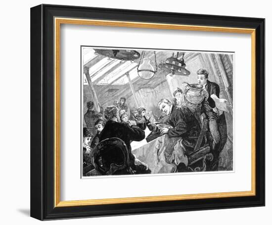 Dinner Time in the First Class Dining Saloon of an Atlantic Steamer on a Stormy Day, C1890-null-Framed Premium Giclee Print