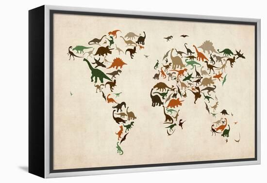 Dinosaur Map of the World Map-Michael Tompsett-Framed Stretched Canvas