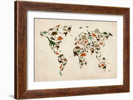 Dinosaur Map of the World Map-Michael Tompsett-Framed Premium Giclee Print