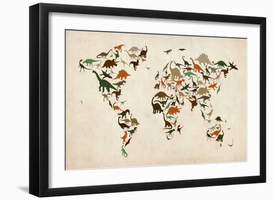 Dinosaur Map of the World Map-Michael Tompsett-Framed Premium Giclee Print