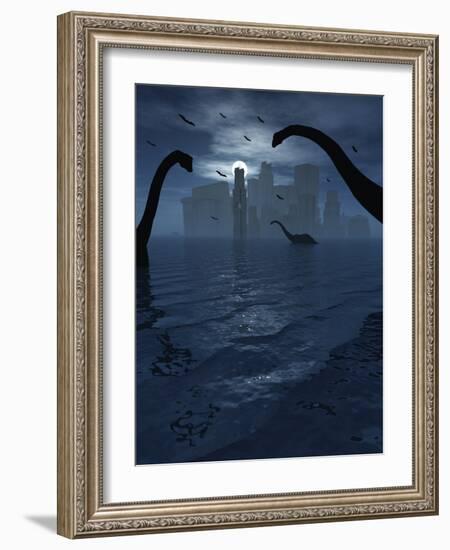 Dinosaurs Feed Near the Shores of the Famed Lost City of Atlantis-Stocktrek Images-Framed Photographic Print