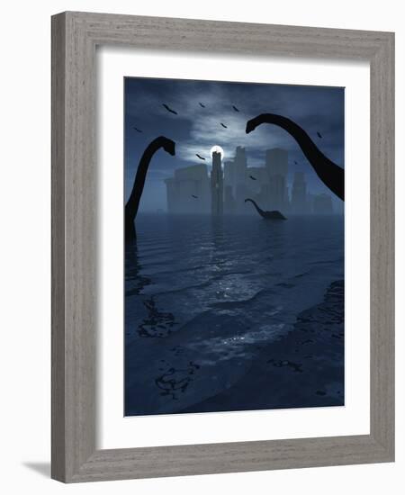 Dinosaurs Feed Near the Shores of the Famed Lost City of Atlantis-Stocktrek Images-Framed Photographic Print