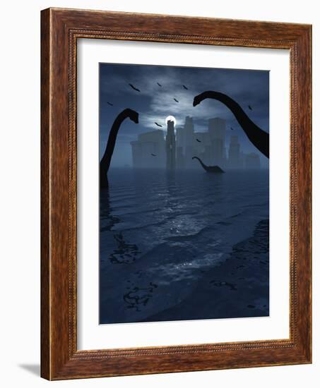 Dinosaurs Feed Near the Shores of the Famed Lost City of Atlantis-Stocktrek Images-Framed Photographic Print