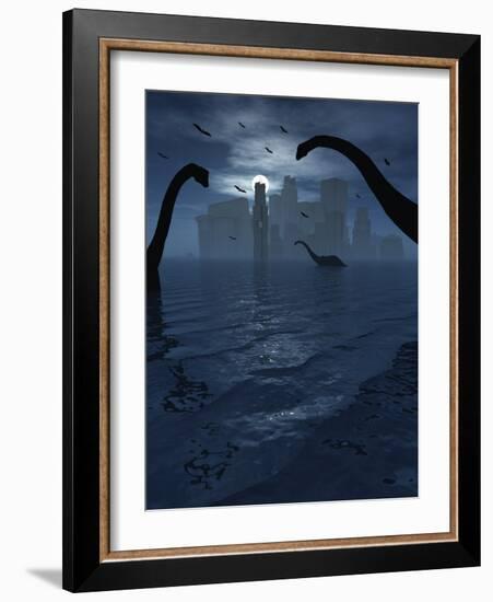 Dinosaurs Feed Near the Shores of the Famed Lost City of Atlantis-Stocktrek Images-Framed Photographic Print