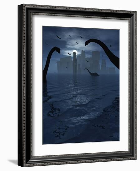 Dinosaurs Feed Near the Shores of the Famed Lost City of Atlantis-Stocktrek Images-Framed Photographic Print