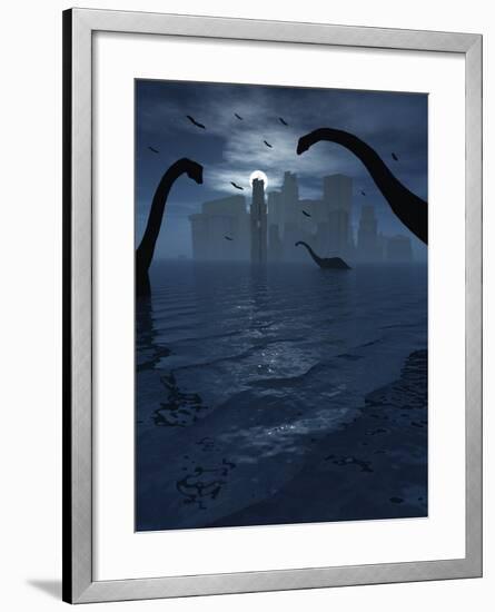 Dinosaurs Feed Near the Shores of the Famed Lost City of Atlantis-Stocktrek Images-Framed Photographic Print