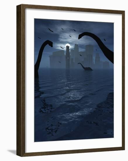 Dinosaurs Feed Near the Shores of the Famed Lost City of Atlantis-Stocktrek Images-Framed Photographic Print