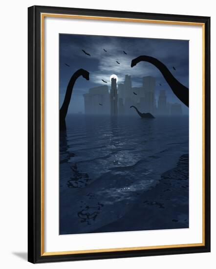 Dinosaurs Feed Near the Shores of the Famed Lost City of Atlantis-Stocktrek Images-Framed Photographic Print