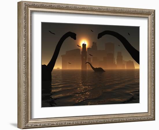 Dinosaurs Feed Near the Shores of the Famed Lost City of Atlantis-Stocktrek Images-Framed Photographic Print