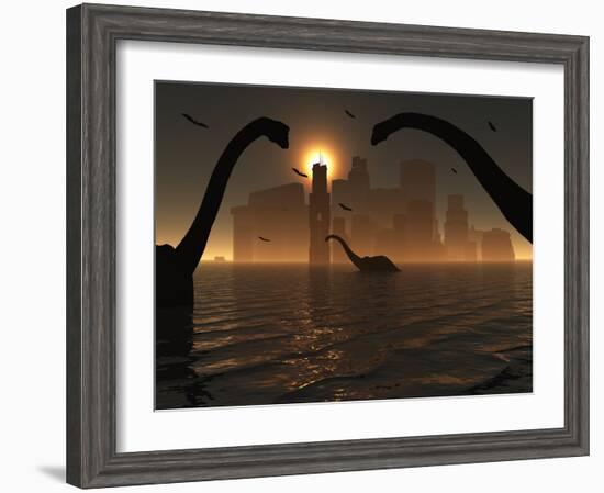 Dinosaurs Feed Near the Shores of the Famed Lost City of Atlantis-Stocktrek Images-Framed Photographic Print