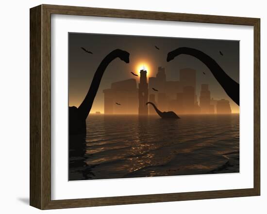 Dinosaurs Feed Near the Shores of the Famed Lost City of Atlantis-Stocktrek Images-Framed Photographic Print