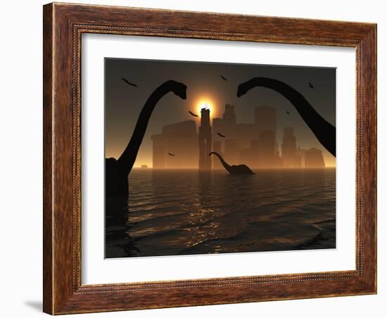 Dinosaurs Feed Near the Shores of the Famed Lost City of Atlantis-Stocktrek Images-Framed Photographic Print