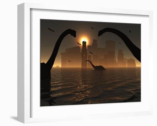 Dinosaurs Feed Near the Shores of the Famed Lost City of Atlantis-Stocktrek Images-Framed Photographic Print