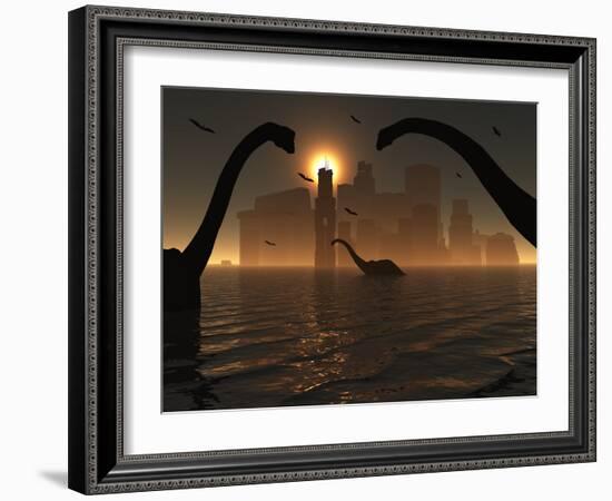 Dinosaurs Feed Near the Shores of the Famed Lost City of Atlantis-Stocktrek Images-Framed Photographic Print