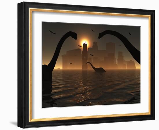 Dinosaurs Feed Near the Shores of the Famed Lost City of Atlantis-Stocktrek Images-Framed Photographic Print