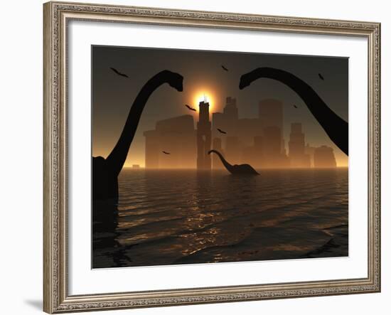 Dinosaurs Feed Near the Shores of the Famed Lost City of Atlantis-Stocktrek Images-Framed Photographic Print