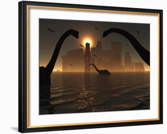 Dinosaurs Feed Near the Shores of the Famed Lost City of Atlantis-Stocktrek Images-Framed Photographic Print