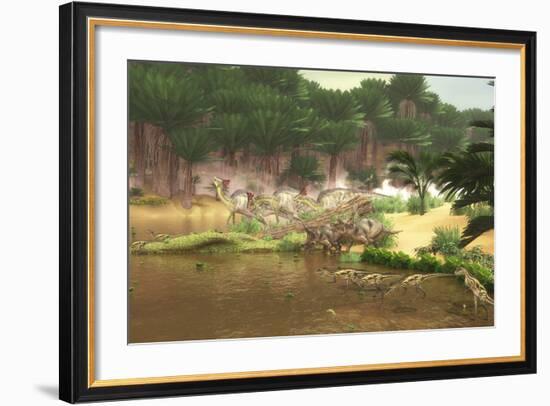 Dinosaurs Grazing Along a Cretaceous River-Stocktrek Images-Framed Art Print