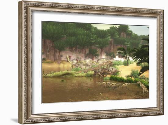 Dinosaurs Grazing Along a Cretaceous River-Stocktrek Images-Framed Art Print