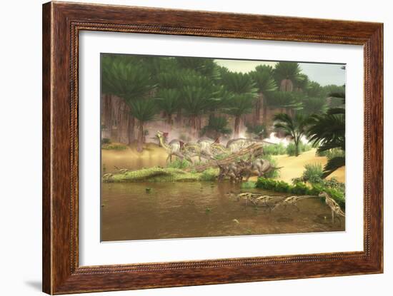 Dinosaurs Grazing Along a Cretaceous River-Stocktrek Images-Framed Art Print