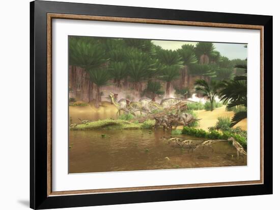 Dinosaurs Grazing Along a Cretaceous River-Stocktrek Images-Framed Art Print