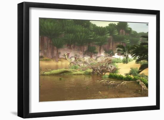 Dinosaurs Grazing Along a Cretaceous River-Stocktrek Images-Framed Art Print