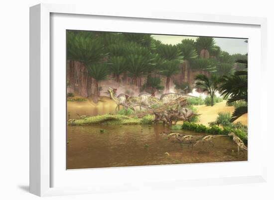 Dinosaurs Grazing Along a Cretaceous River-Stocktrek Images-Framed Art Print