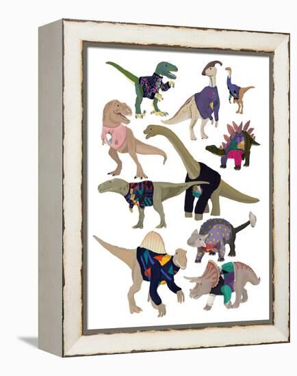 Dinosaurs in 80’s Jumpers-Hanna Melin-Framed Stretched Canvas