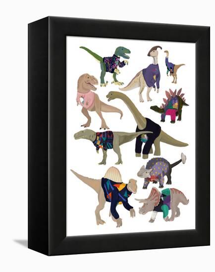 Dinosaurs in 80’s Jumpers-Hanna Melin-Framed Stretched Canvas