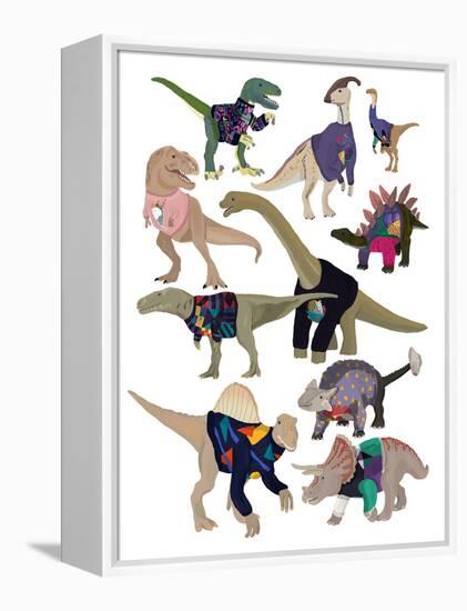 Dinosaurs in 80’s Jumpers-Hanna Melin-Framed Stretched Canvas