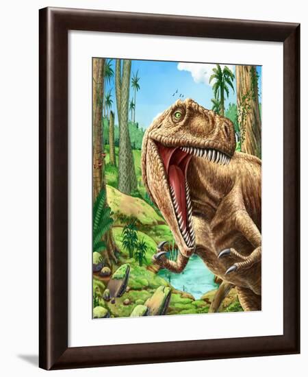 Dinosaurs Living in the Jungle Illustration-helena0105-Framed Art Print