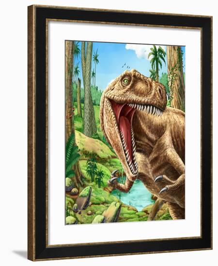 Dinosaurs Living in the Jungle Illustration-helena0105-Framed Art Print